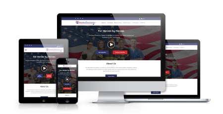 A website homepage for the Hero Resource Center, featuring an American flag and uniformed individuals, is displayed on a desktop monitor, laptop, tablet, and smartphone to showcase a responsive web design layout.