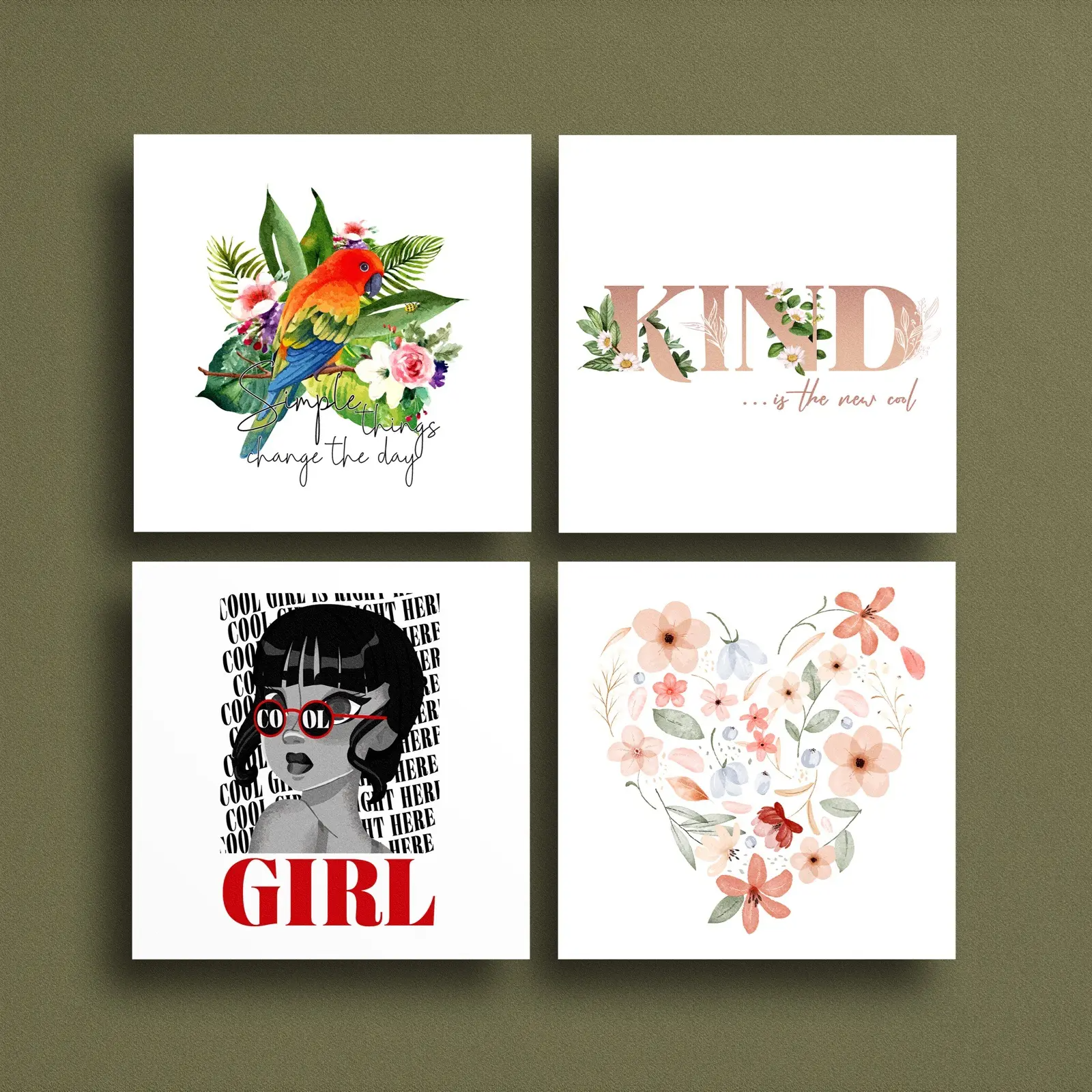 Four square art prints designed by a skilled graphic artist: a colorful bird on flowers with “Change the days,” “KIND” in floral text, a stylized girl with “COOL GIRL,” and a pastel floral heart, all on a green background.