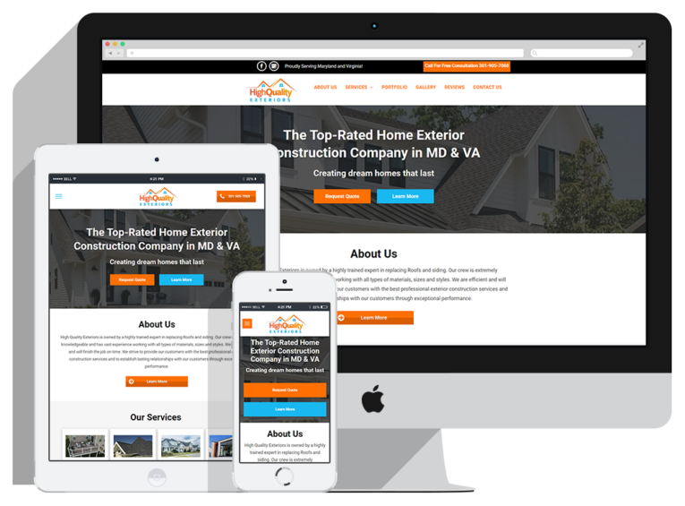 A website for a home exterior construction company is displayed on a desktop monitor, tablet, and smartphone, highlighting its responsive design and layout, as well as clear information about Website Design Packages across all three devices.