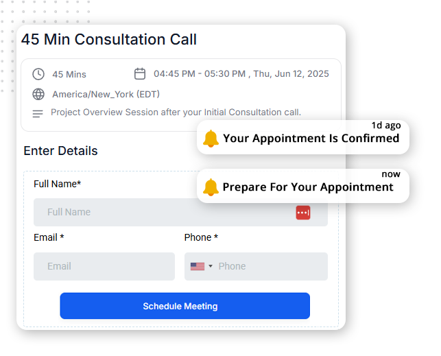 Online booking form for a 45-minute consultation call, with date, time, and timezone fields. Integrated with client portal software, two notification bubbles say Your Appointment is Confirmed and Prepare For Your Appointment.