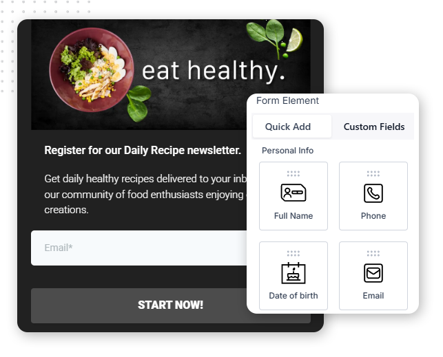A newsletter signup form for eat healthy with fields for email and a START NOW! button, plus a pop-up displaying Personal Info options—all supported by a customer data platform for seamless experiences.
