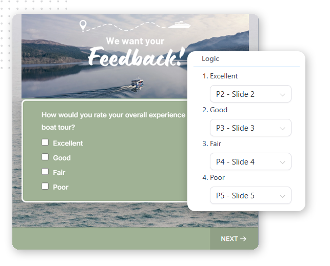 A feedback form with a lake and boat background asks users to rate their boat tour experience. Integrated with a client portal, it features logic-driven dropdowns for each rating, directing users to different slides based on their feedback.