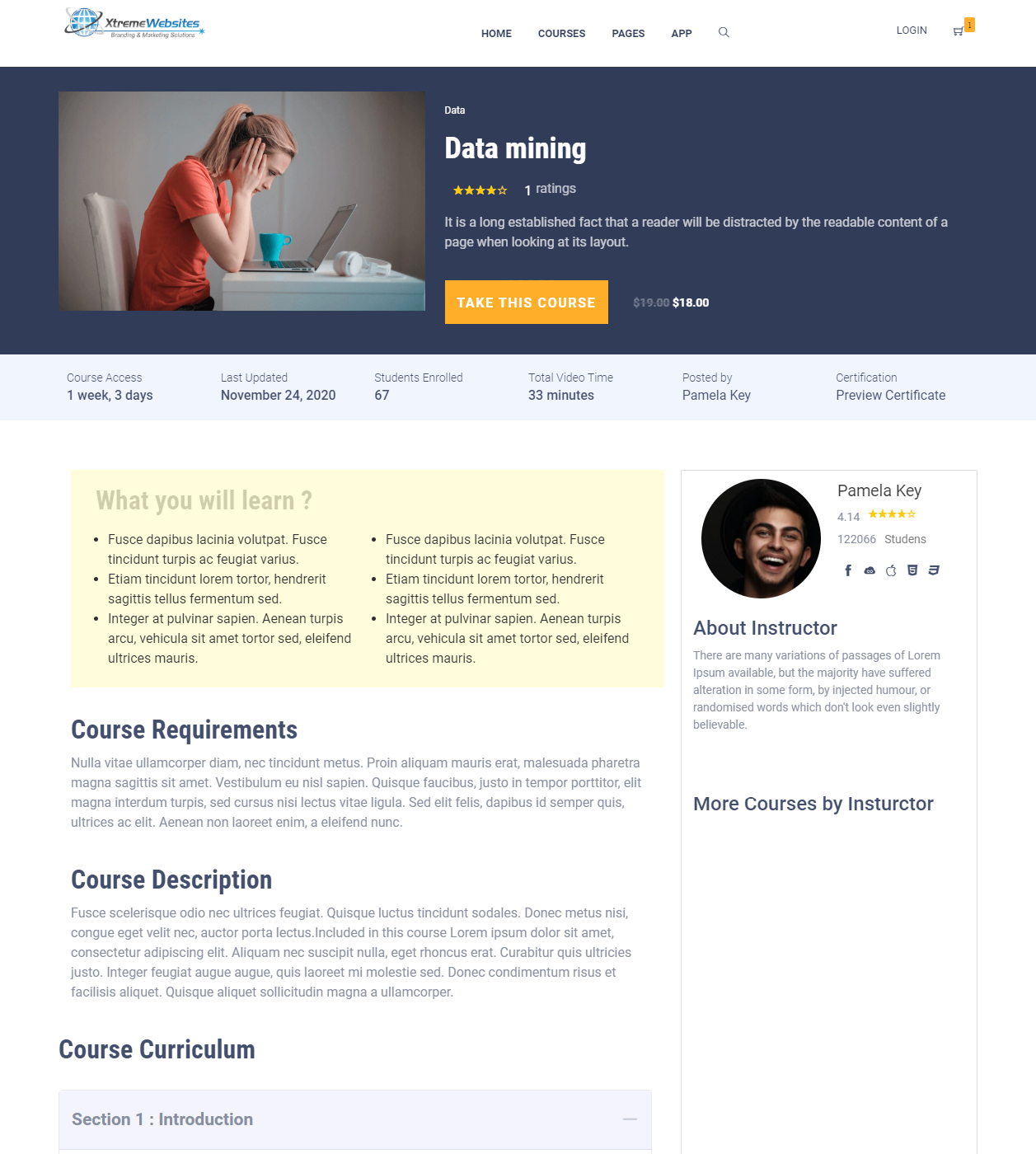 Learning-Center-course A course webpage for Data Mining features a woman with a laptop and books, course details, learning outcomes, requirements, curriculum sections, and instructor information on a clean, organized layout.