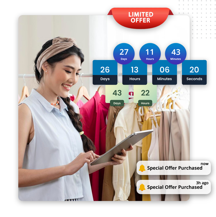 A smiling woman using a tablet stands in front of a clothing rack. A Limited Offer banner, countdown timer, and notifications about special offers purchased highlight the power of an xtreme sales funnels approach.