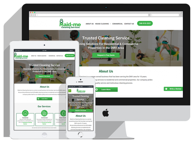 A desktop, tablet, and smartphone display the Maid-me Cleaning Services website homepage, showing a green and white theme with service info, navigation menu, and cleaning staff photos.