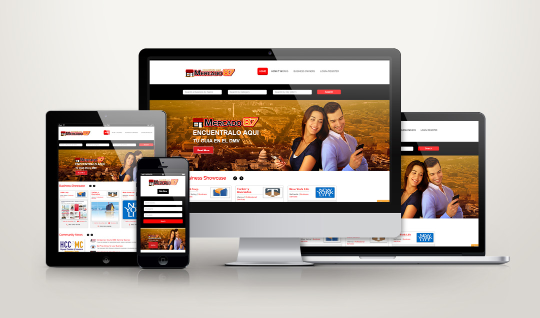 A responsive Mercado 87 website design is showcased on desktop, laptop, tablet, and smartphone. The site features a banner with a smiling couple and Spanish text, maintaining a unified look across devices against an orange cityscape background.