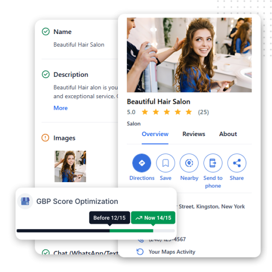 A digital interface displays Beautiful Hair Salon's business profile with a 5-star rating, a woman's photo in a salon, and progress in GBP Score Optimization from 12/15 to 14/15—now featuring integrated online payment systems for easy transactions.