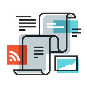 Digital Marketing Illustration of two overlapping scrolls with text lines, a red RSS feed icon, and a chart trending upward, symbolizing digital content or online articles—ideal for showcasing an email marketing agency or effective email advertising plans.