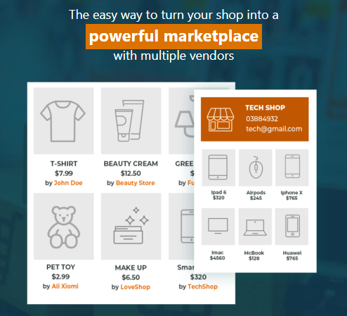 A graphic showing a marketplace interface with product listings like T-shirt, beauty cream, pet toy, and make up, alongside a vendor profile displaying electronic items for sale. Text above reads, “powerful marketplace with multiple vendors.”.