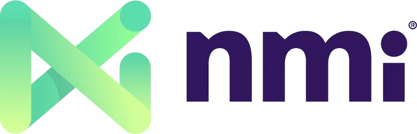 A green and yellow geometric logo sits next to the bold, lowercase text nmi in dark purple on a light background, reflecting innovation in credit card processing and online payment systems.