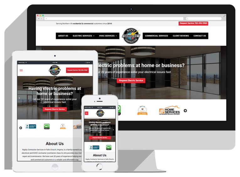 A desktop monitor, tablet, and smartphone display the responsive website of an electrical service company, featuring a modern design, booking buttons, and contact information.