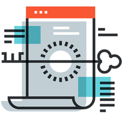 Abstract illustration of a document or webpage with a circular gear, keyhole, blue squares, and red header, symbolizing security and encryption in online payment systems or digital payment gateway protection.