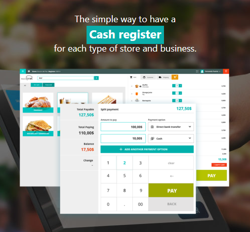A digital cash register interface shows payment options, balance, totals, and food items on a touchscreen, with the text: The simple way to have a cash register for each type of store and business.