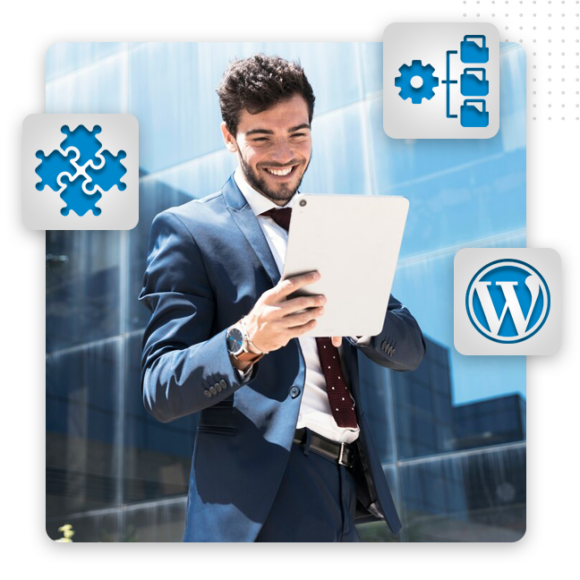Powerful-Database-Driven-Framework-feat-img A smiling man in a suit stands outside a glass building, holding a tablet. WordPress, puzzle piece, and gear icons appear around him, highlighting expert front end developers and custom web development solutions.