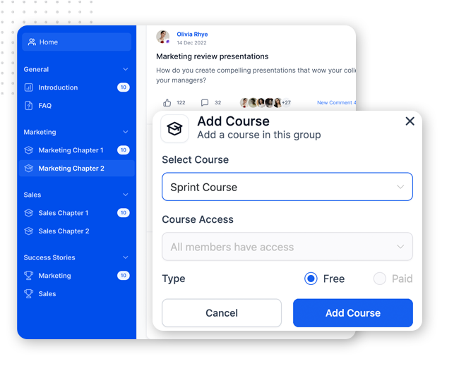 A user interface shows a sidebar with navigation links and a pop-up window titled “Add Course,” where “Sprint Course” is selected, the access is set to all members, and the “Free” type is chosen, within a streamlined client portal.