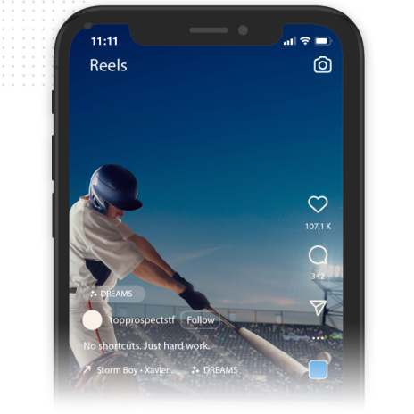 A smartphone screen displays a social media reel of a baseball player swinging a bat, with engagement icons showing likes, comments, and shares on the right side—highlighting dynamic social media graphics.