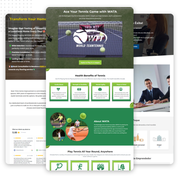 A website landing page promoting a tennis program overlays two other blurred web pages, guiding visitors through a marketing sales funnel. The tennis page features a green header, health benefits icons, tennis images, and a call-to-action button to apply.
