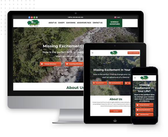 A website for an adventure park is displayed on a desktop, tablet, and smartphone, highlighting a custom website by expert web designers with a responsive design, including a header, navigation menu, and nature-themed background image.