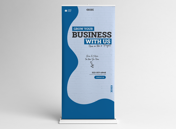 A vertical blue and white promotional banner reads Grow your business with us, highlighting print marketing benefits. It features contact info, a placeholder logo, a Contact Us button, abstract shapes, and a brick wall background.