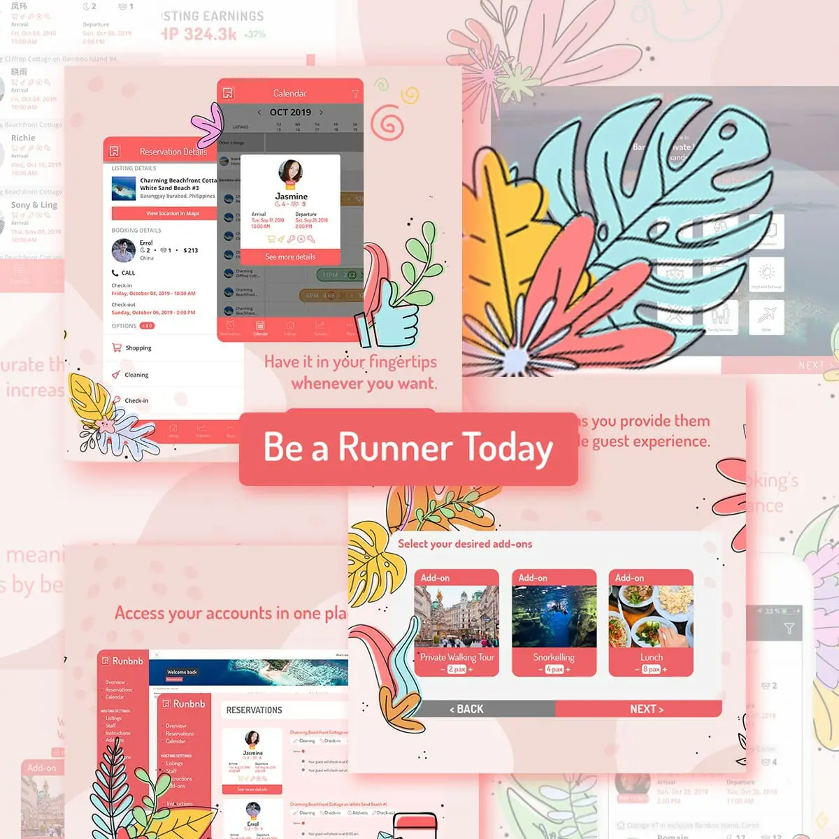 A collage of app interface screenshots with floral and leaf illustrations, showcasing brand design features like user profiles, add-ons, and account access. Text in the center reads, Be a Runner Today in a red box.