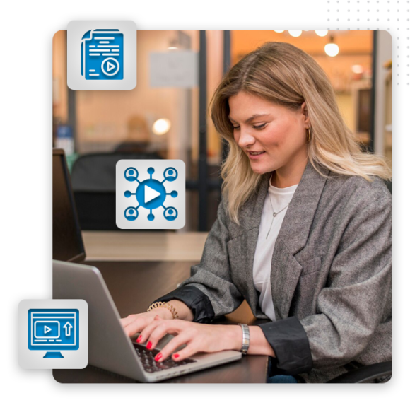 Script-Writing-img A woman with blonde hair, wearing a gray blazer, types on a laptop in an office. Graphic icons of documents, video sharing, and uploading surround her, highlighting her role in video production services or digital content creation.