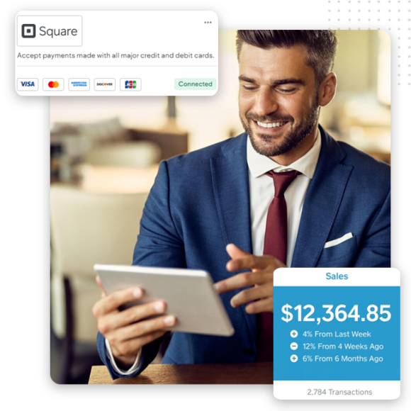 Seamlessly Integrate POS Feat Img A man in a suit smiles while using a tablet. Overlays show a Square payment widget and a sales summary, highlighting total sales of $12,364.85—an inspiring scene for ecommerce designers focused on custom ecommerce web design success.