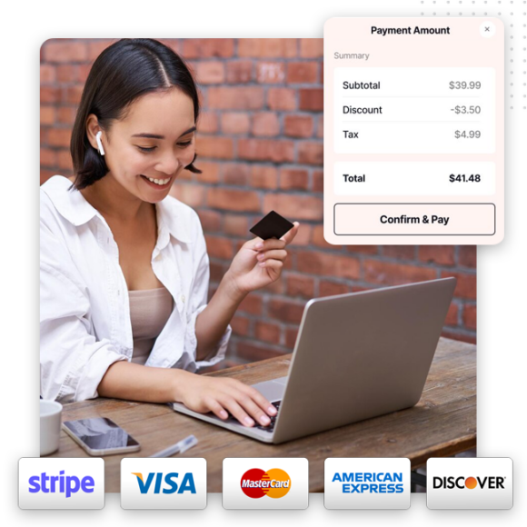 Sell All Kind of Products Feat Img A woman smiles while holding a credit card and using a laptop, enjoying a seamless ecommerce solution. A payment summary shows $41.48, with Stripe, Visa, Mastercard, American Express, and Discover icons displayed below.