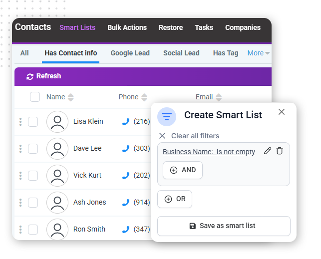 Smart-Lists-Features-img A contact management interface displays names, phone numbers, and emails. A popup overlays the list, letting users create and save a smart list with filter options, streamlining contact organization as an automation solution.