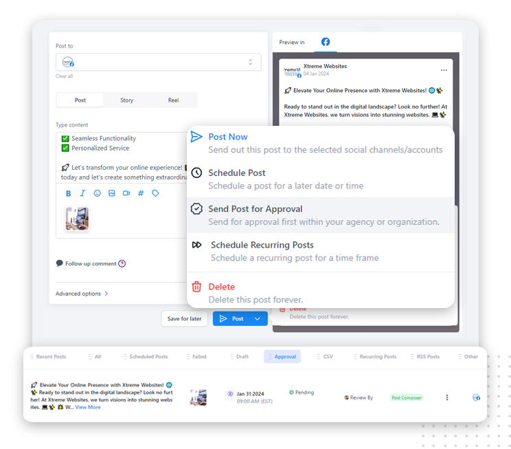 A social media management dashboard designed for agencies, showing options to post, schedule, approve, or delete content, with a preview window on the right and a dropdown menu of posting options in the center—your ultimate social media booster.