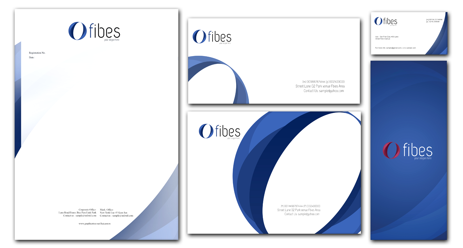 A corporate stationery set for fibes featuring letterhead, two envelopes, a business card, and a folder with blue curved abstract designs and the fibes logo in blue and red on a white background.