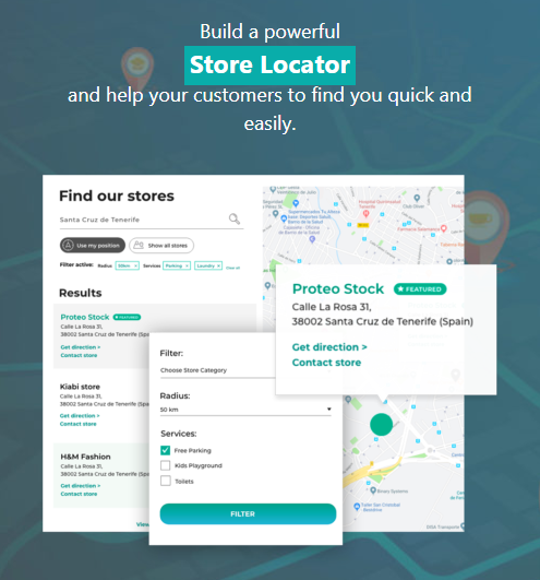 Screenshot of a store locator tool with a search bar, store list, filter options, and a map showing store locations in Santa Cruz de Tenerife. Text promotes building a powerful store locator for customers.