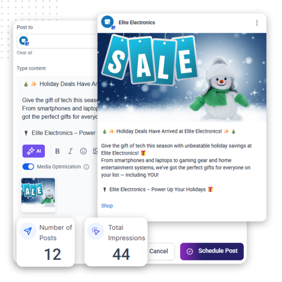 A computer screen displays a social media scheduling tool with a holiday-themed post. A snowman, blue SALE banners, and engagement stats are shown—perfect for merchants highlighting online payment systems during the festive season.