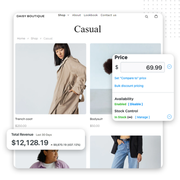 Streamline Store Operations Feat Img A clothing store ecommerce website design displays product images and prices, featuring a $69.99 pop-up, available status, and total revenue of $12,128.19 in the last 30 days shown at the bottom left.