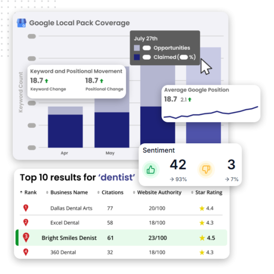 A dashboard showing Google Local Pack coverage with charts for keyword changes, position movement, and sentiment. Below, a table lists top 10 dental businesses with ranks, reviews, star ratings, and details on available online payment systems.