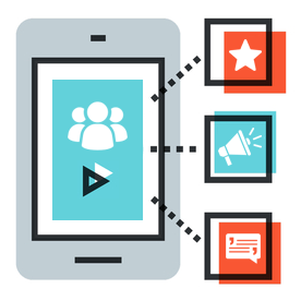 Illustration of a smartphone displaying a group icon and play button, with dotted lines connecting to icons of a star, megaphone, and speech bubbles, representing social media advertising or online engagement.