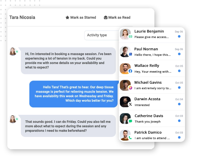 Unify-Customer-Service-Communications-img Screenshot of a chat interface discussing a massage session booking, with a sidebar listing recent chat contacts—highlighting how client portal software streamlines customer service automation for seamless communication.