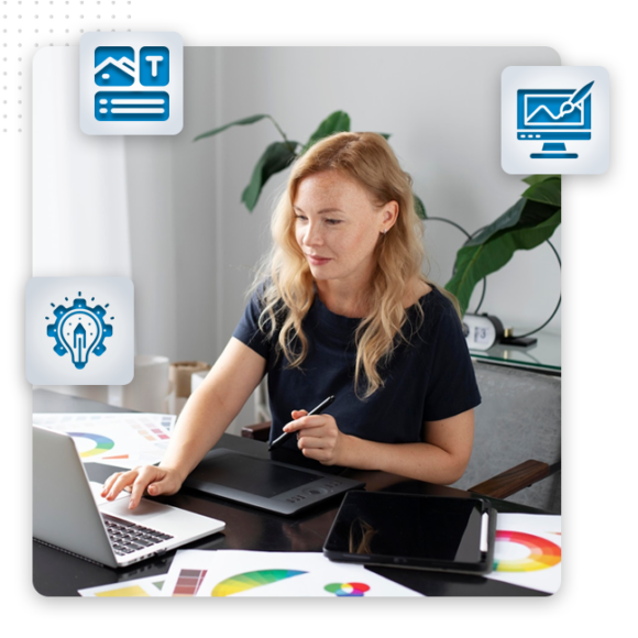 A woman using a pen tablet and laptop at a desk with colorful charts, surrounded by digital icons representing creativity, text design, and brand design in professional graphic design services.