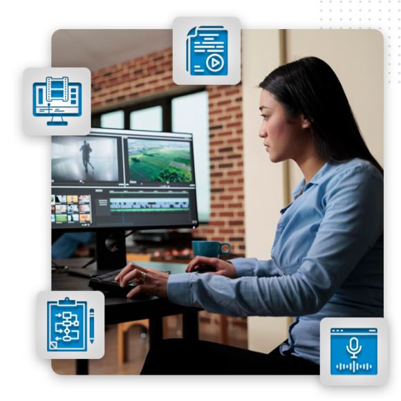 A woman sits at a desk editing videos on a dual-monitor computer setup. Blue icons around the image represent video editing, digital documents, workflow, audio recording, and branding services for brand designers.