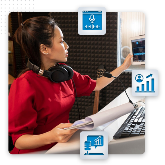 Voiceover img A woman in a red dress sits at a desk in a recording studio with headphones around her neck, holding papers, and adjusting a computer screen. Audio, analytics, and videography editing icons are overlaid on the image.