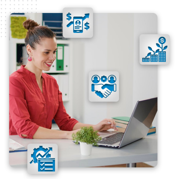 A woman in a red shirt works on a laptop at a desk, surrounded by illustrated icons representing finance, business growth, partnership, project management, and web design services.