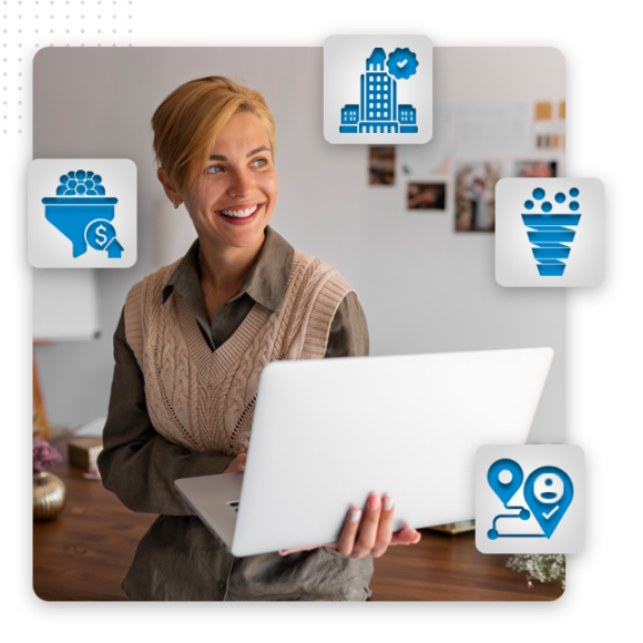 A woman smiling and holding a laptop, surrounded by icons representing business, finance, sales funnel, location, and website solutions.