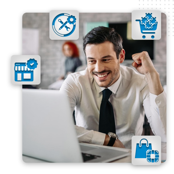 A smiling man in a white shirt and tie looks at a laptop, with blue shopping and settings icons overlaid around him, symbolizing e-commerce, web design services, and business tools.