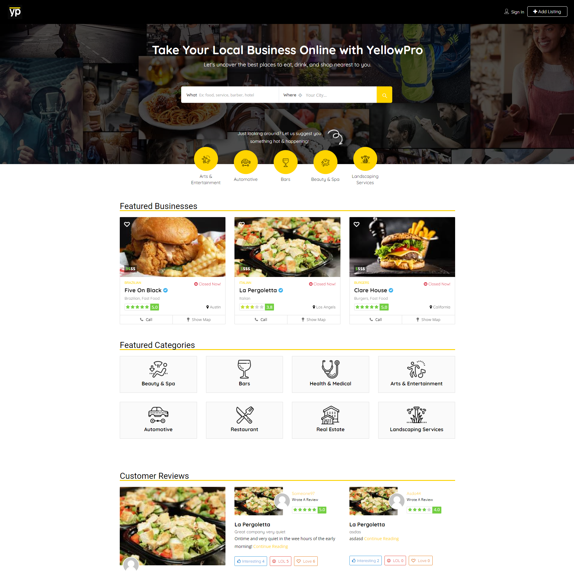 YellowPro-–-Yellow-Pages-Inspired-Demo-for-ListingPro-WordPress-Theme A business directory website homepage featuring a search bar, categories such as automotive and restaurants, images of featured businesses, category icons, and customer reviews with star ratings.