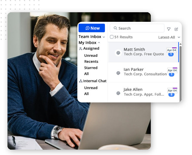 A man in a blue suit sits at a desk, smiling at a laptop. Overlaid is a screenshot of an email inbox, hinting at CRM software efficiency, with messages from Matt Smith, Ian Parker, and Jake Allen, and categories on the left.