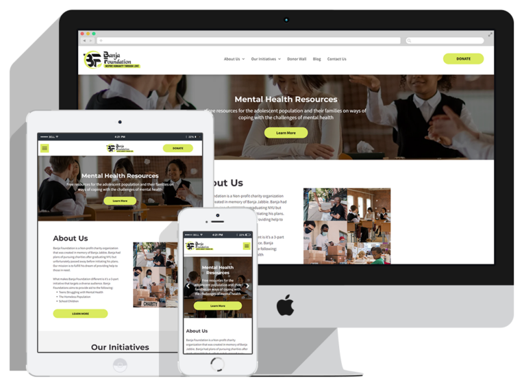 A mental health foundation website displayed on desktop, tablet, and smartphone screens, showing the homepage with a banner, navigation menu, images of people in various activities—crafted by a leading web design company with flexible website design packages.