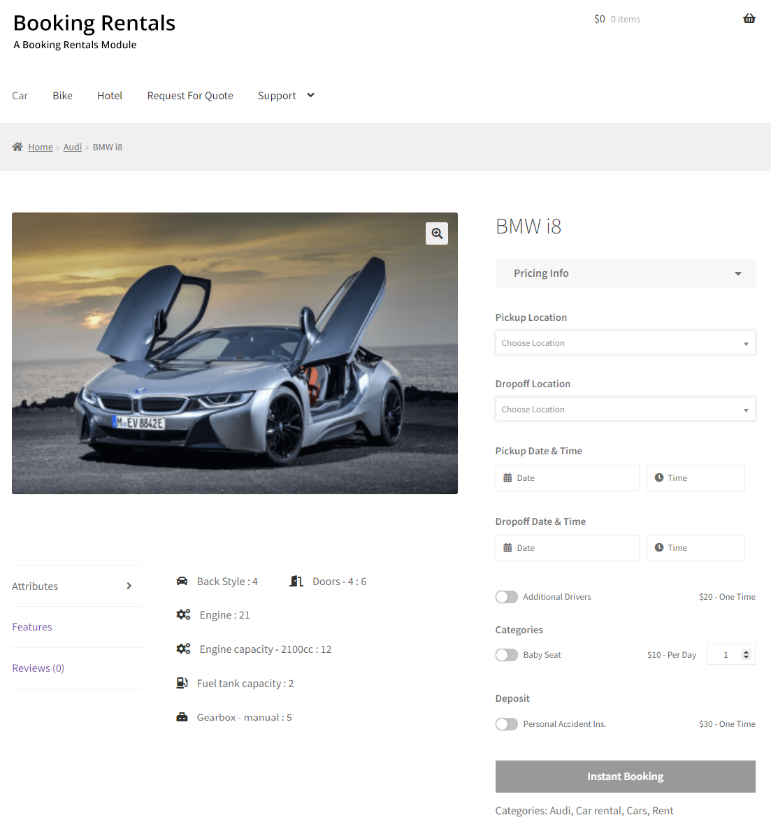 booking Rentals A silver BMW i8 sports car with its butterfly doors open is parked outdoors on a paved surface, with a cloudy sky and grassy landscape in the background. The car faces slightly left.