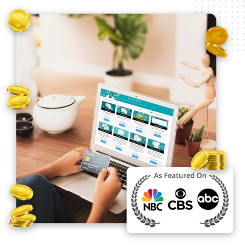 boost-sales A person holding a credit card shops online on a laptop at a wooden table with tea, plants, and gold coin graphics. Credibility boosters like NBC, CBS, and ABC logos are featured in the bottom right corner.