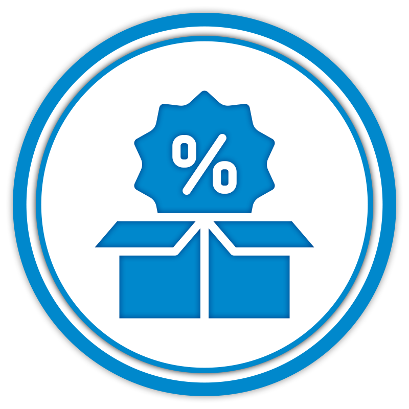 A blue icon of an open gift box with a percentage symbol on a starburst shape above it, enclosed in a double blue circle on a white background, representing a discount or special offer.