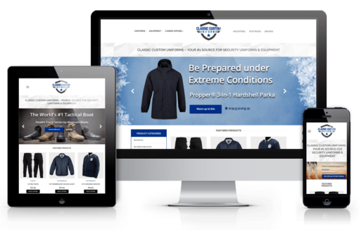 A responsive website for Classic Custom Uniforms is displayed on a tablet, computer, and smartphone, featuring winter gear and uniforms in a blue and white color scheme with the Classic Custom Uniforms shield logo.