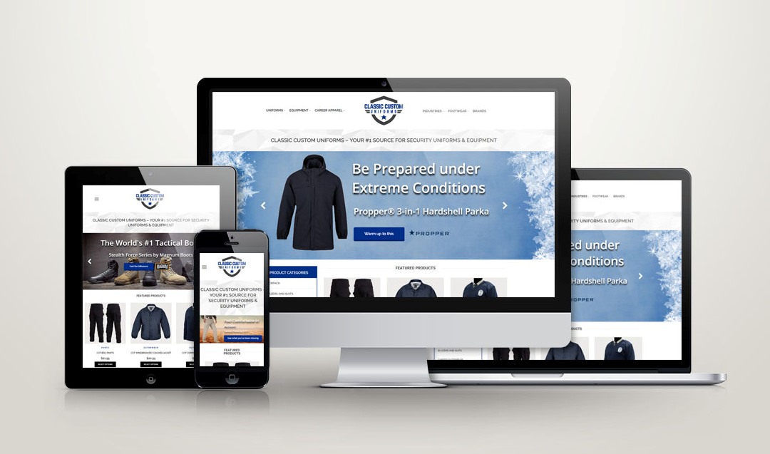 Four devices (desktop, laptop, tablet, and smartphone) display the same website for Classic Custom Uniforms, featuring winter jackets and tactical clothing. The layout adapts to each device screen in a responsive design highlighted in recent case studies.